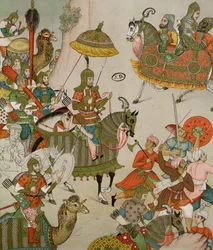 Kaiser Babur an der Spitze seiner Armee, nach einer Miniatur aus dem 16. Jahrhundert